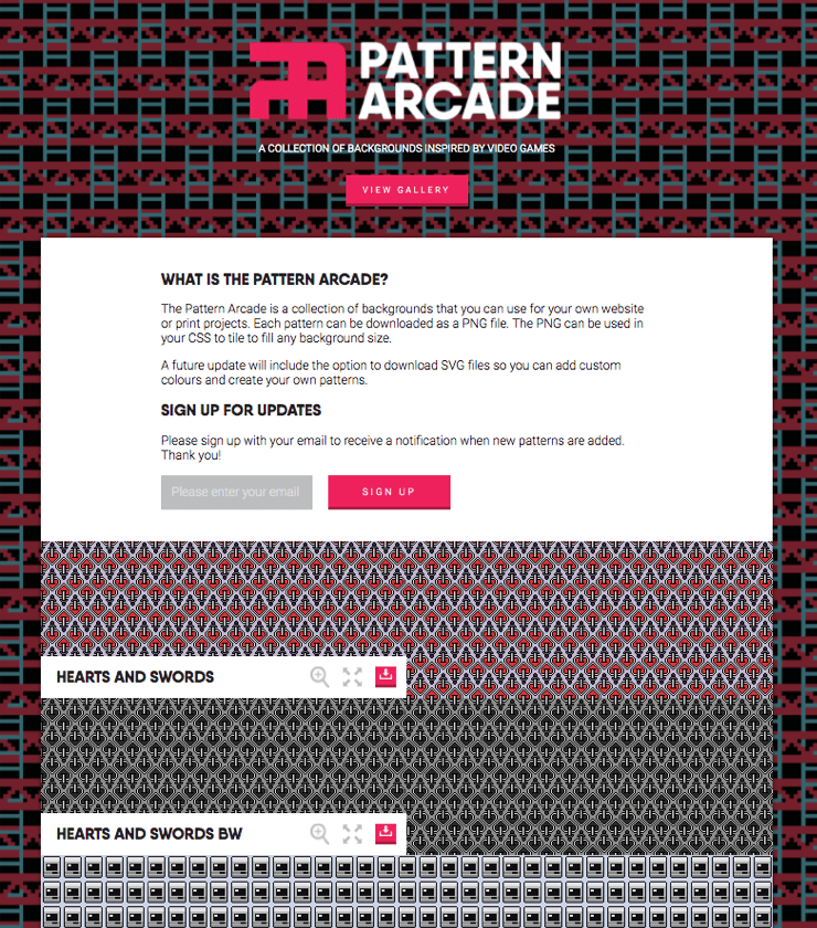 Screenshot of the Pattern Arcade website